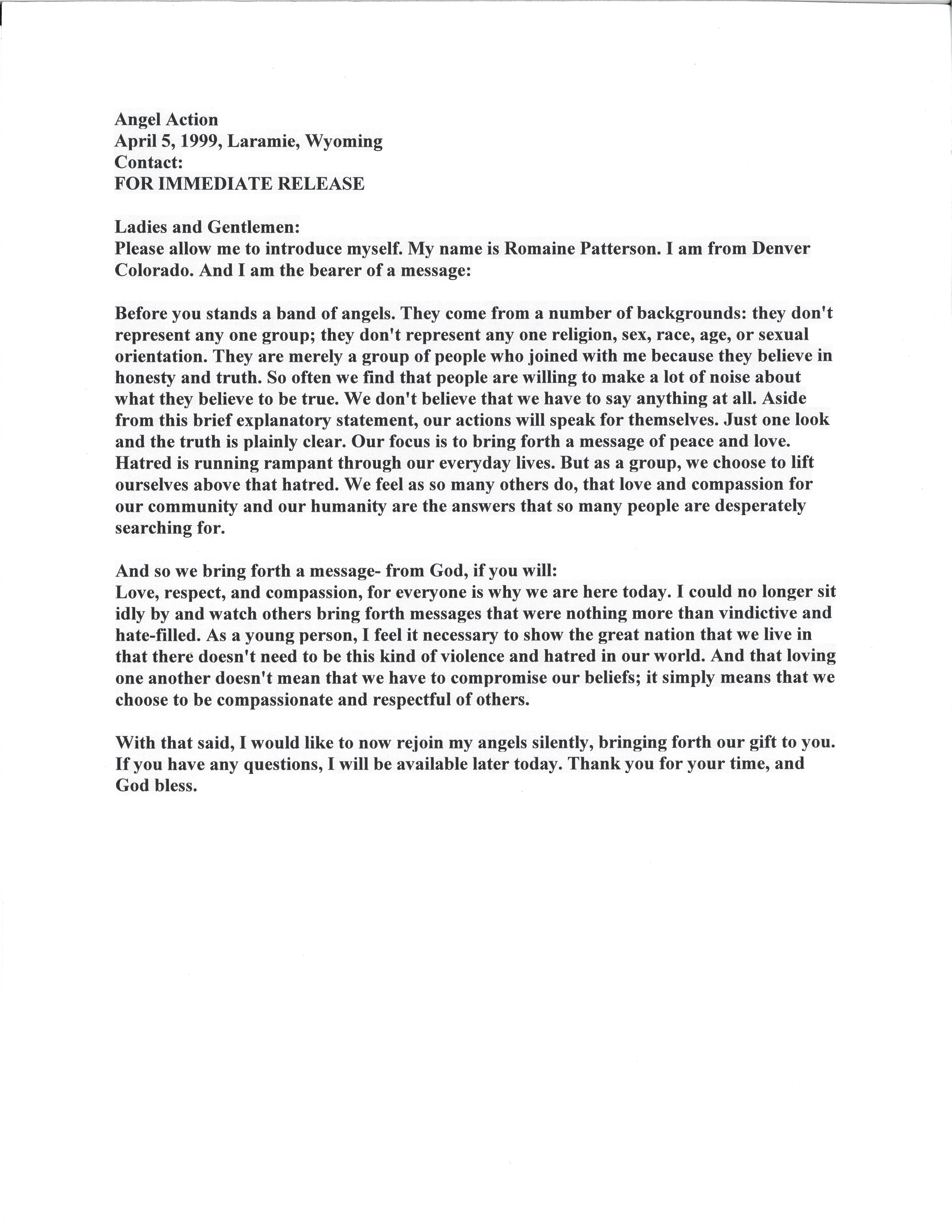 Press release issued by Romaine Patterson, April 5, 1999