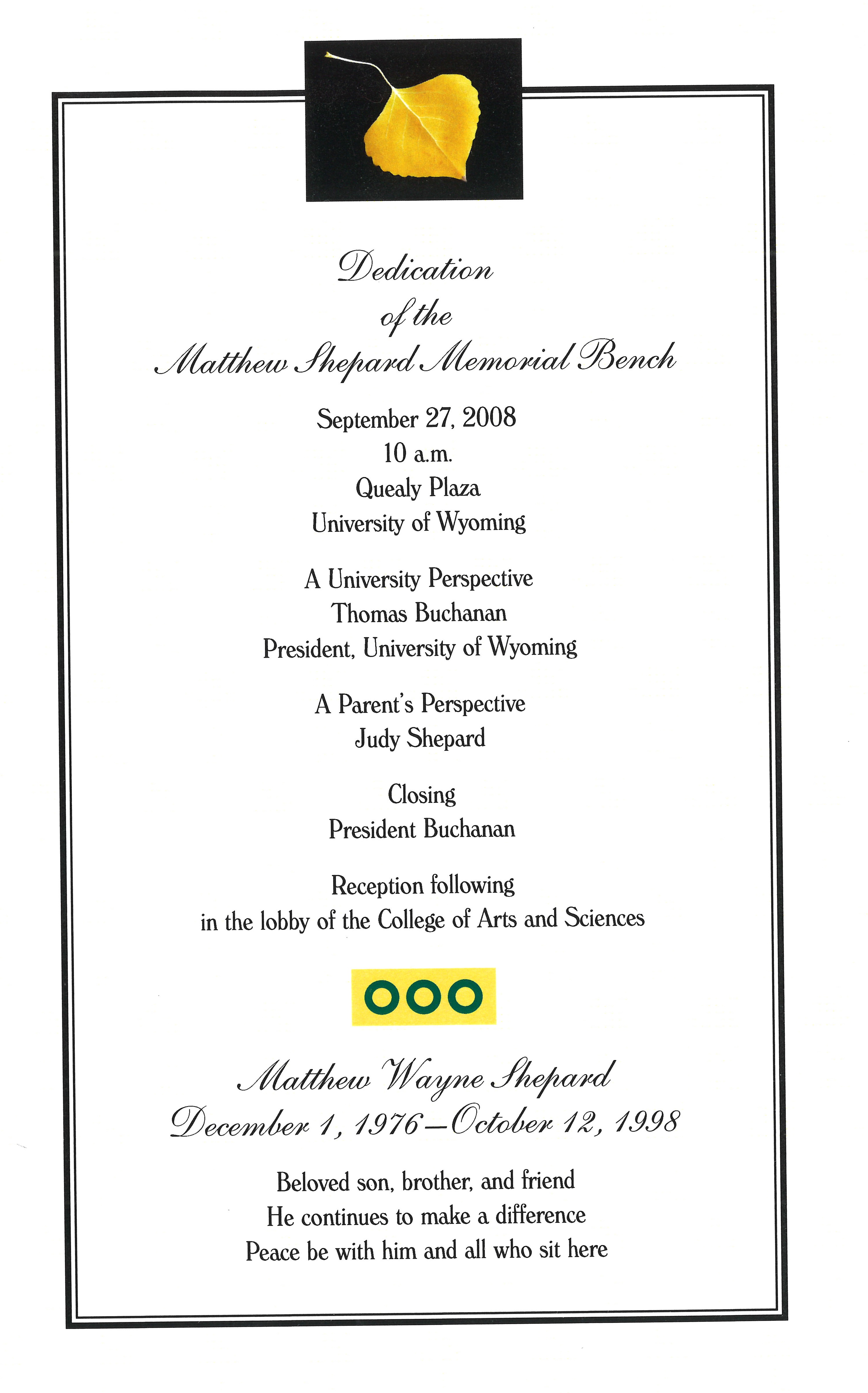 Program for the Dedication of the Matthew Shepard Memorial Bench