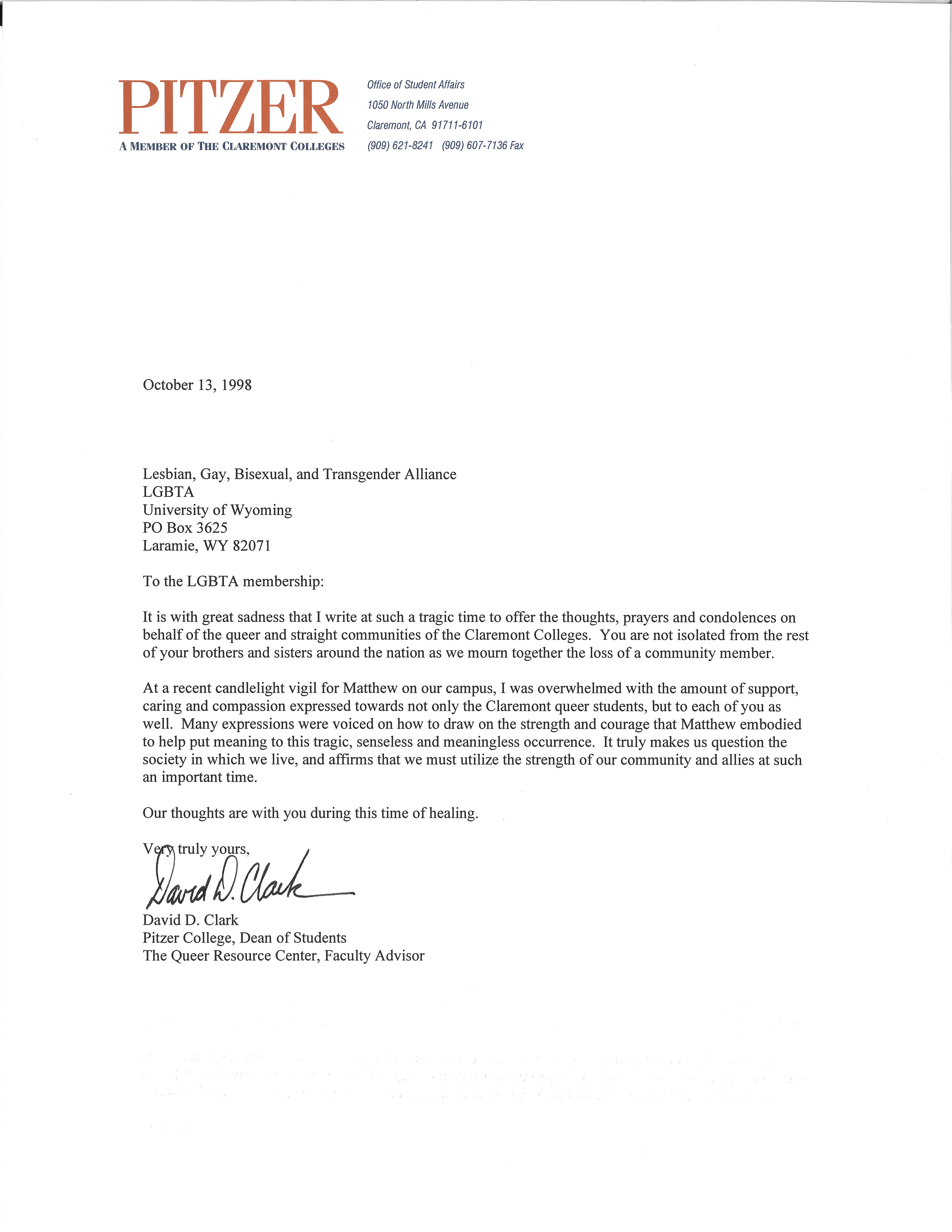 Letter from David D. Clark to the University of Wyoming LGBT Association