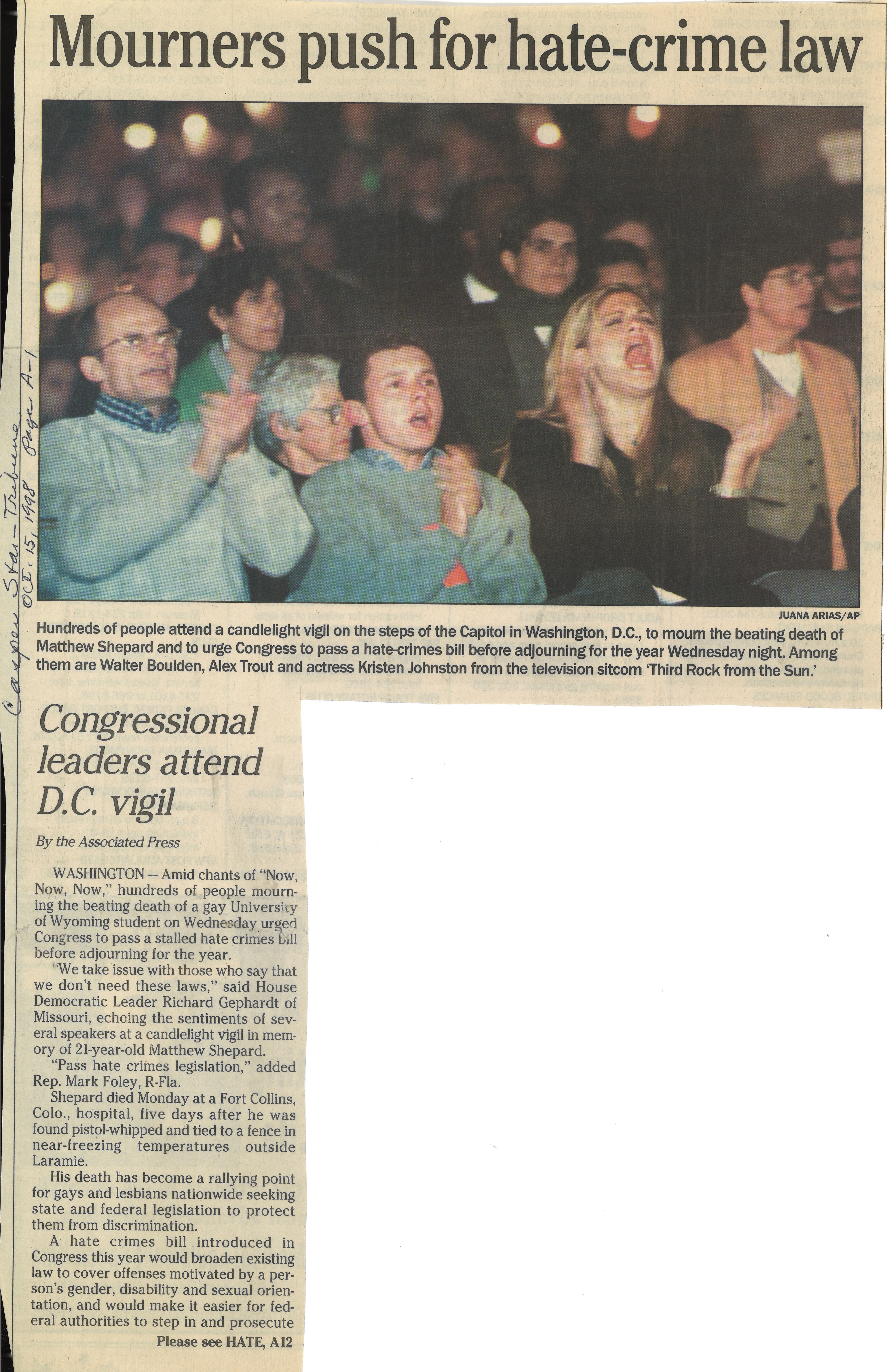 Newspaper article about vigil held in Washington D.C.