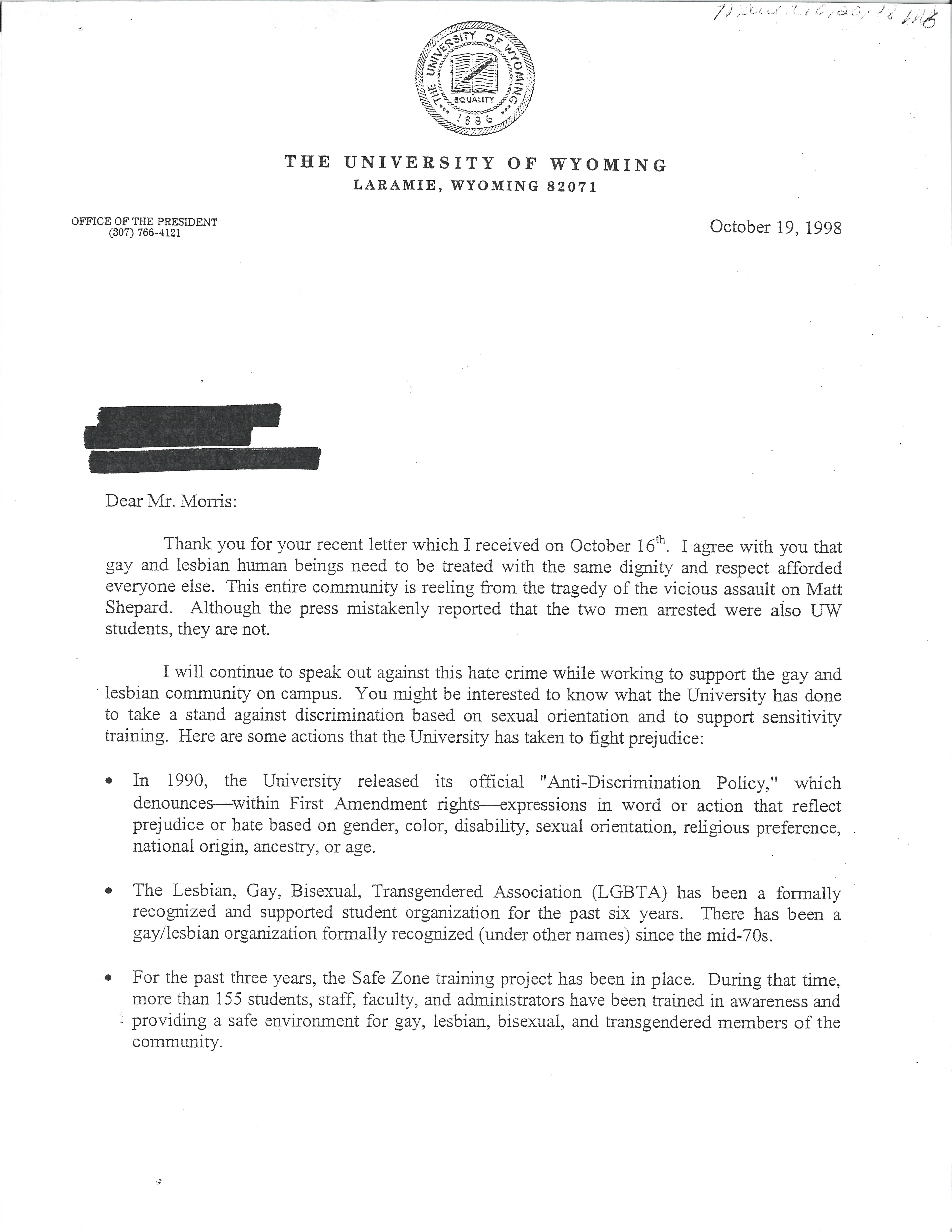 Letter from University of Wyoming President Philip L. Dubois to Oscar E. Morris