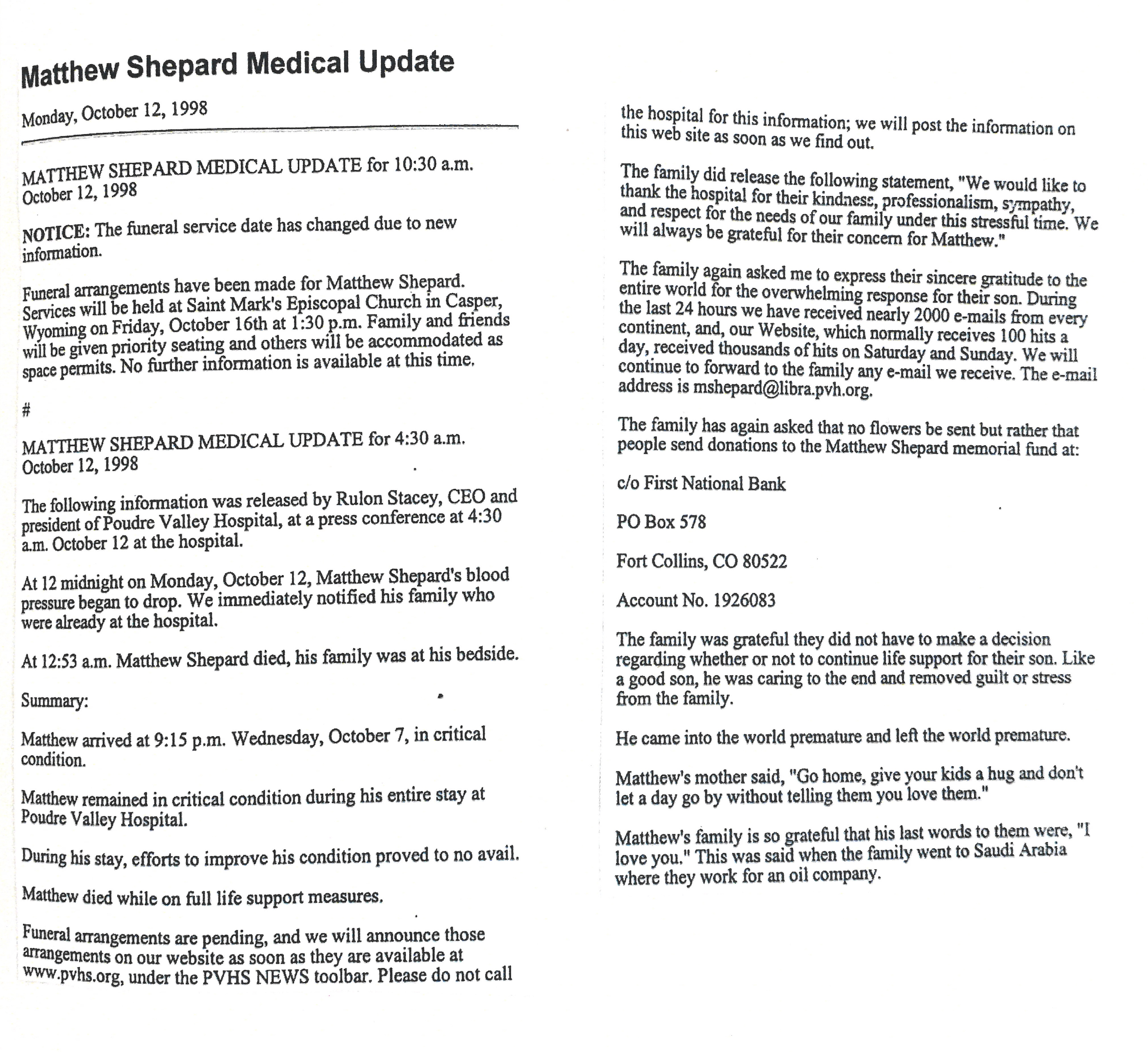 Medical Update on Matthew Shepard