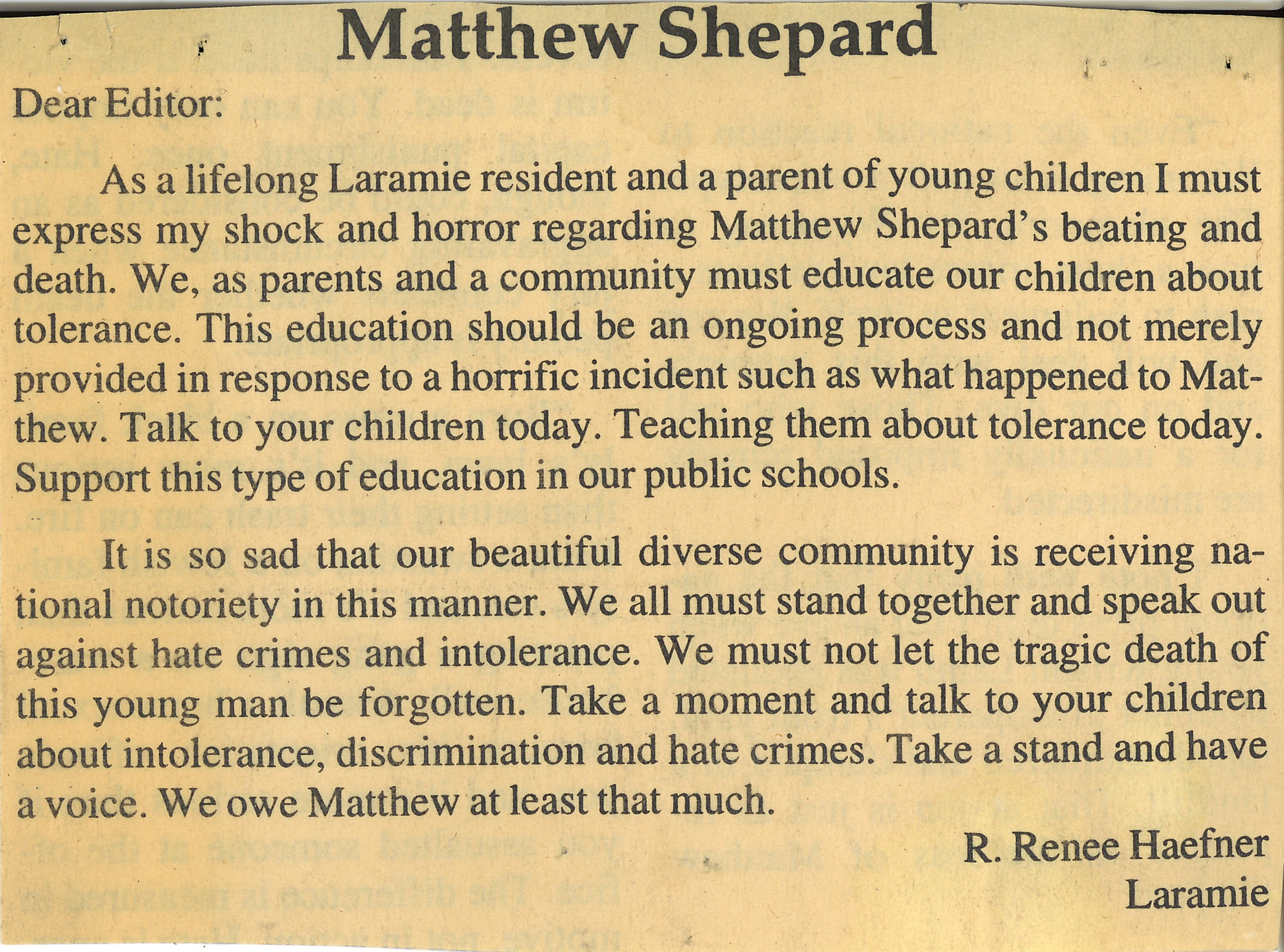 Letter to the Editor from Laramie resident R. Renee Haefner