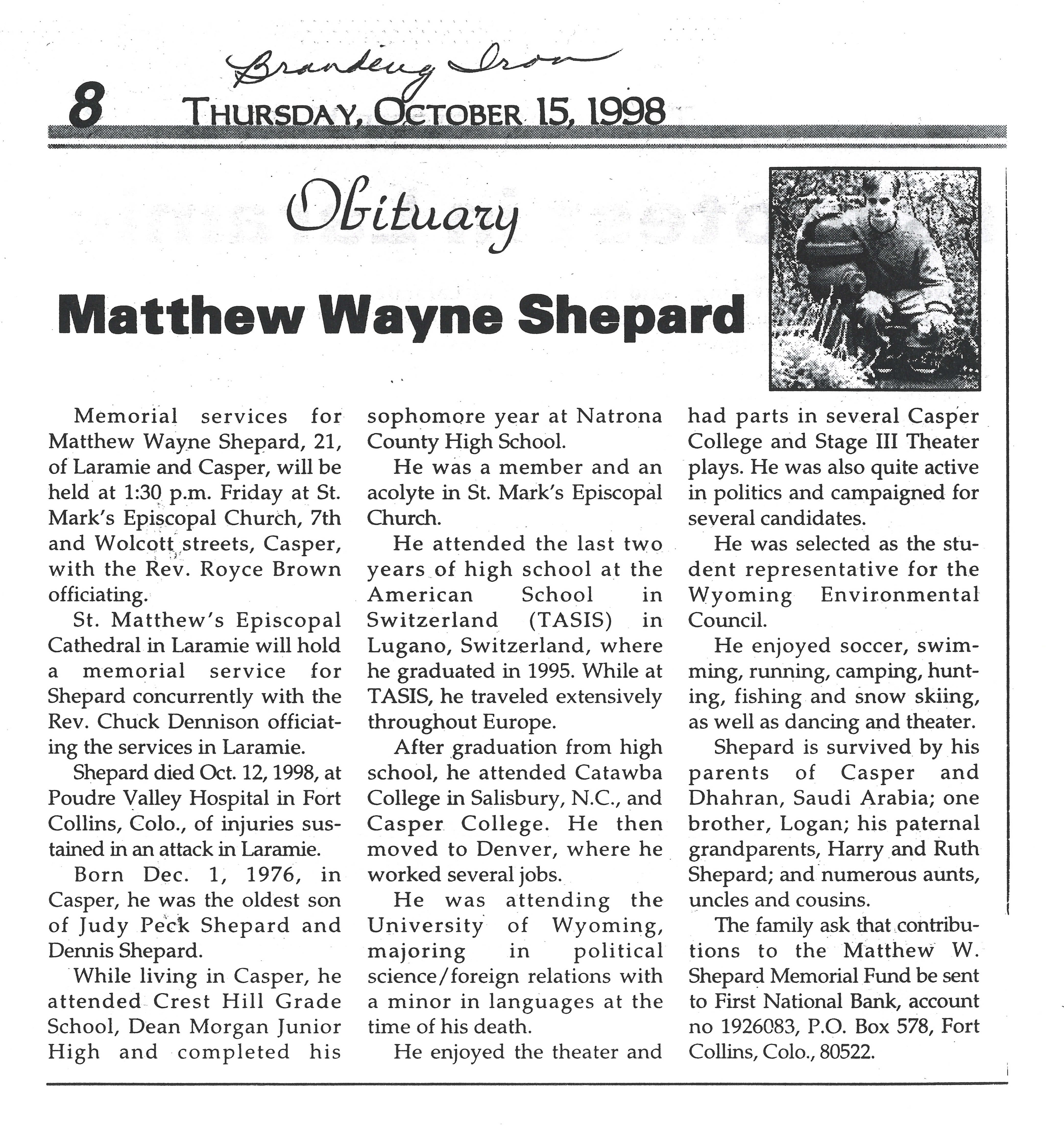 Matthew Wayne Shepard's Obituary