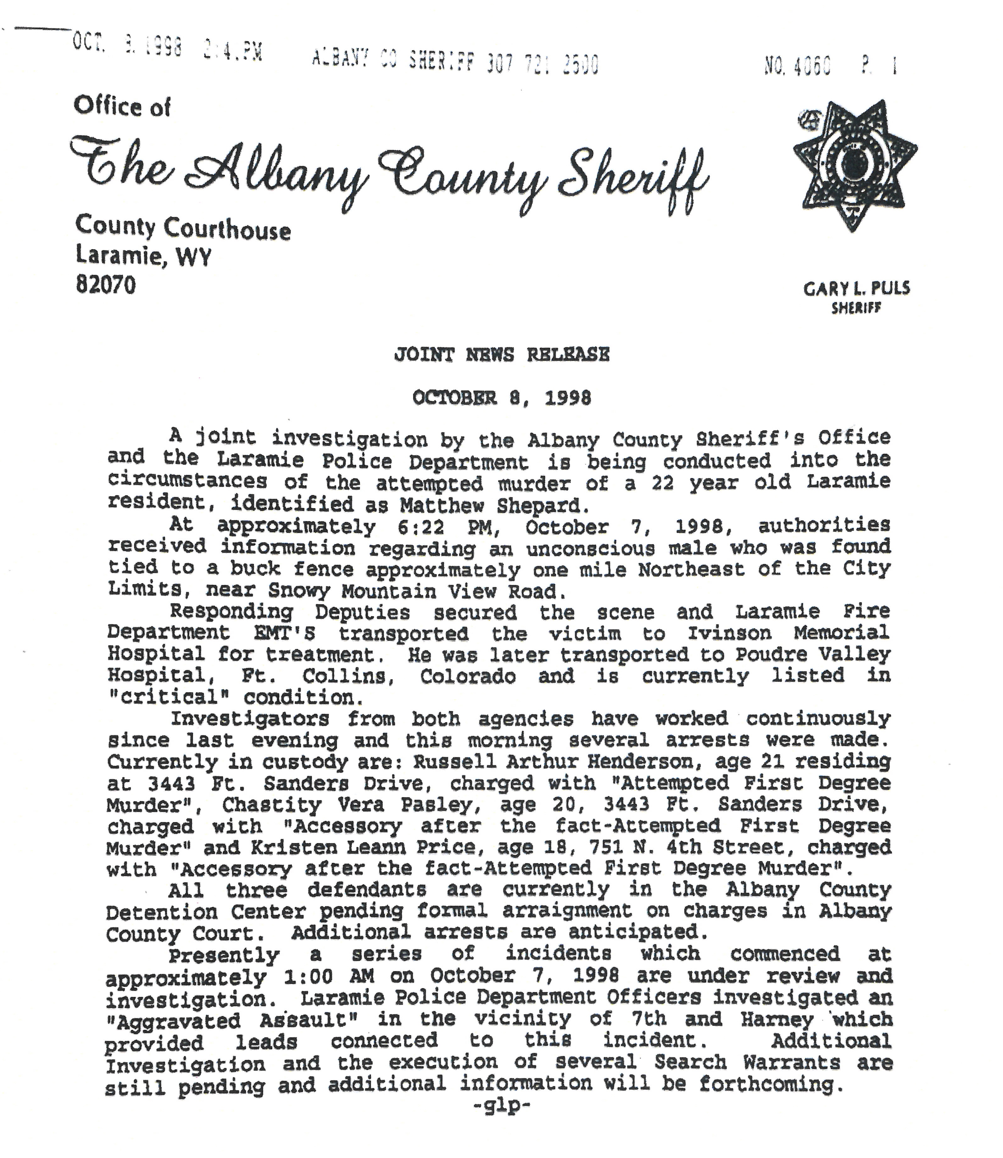 Press Release from the Albany County Sheriff