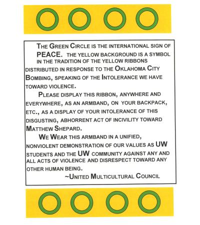 A flyer explaining the meaning behind yellow ribbons marked with green circles which were distributed at the University of Wyoming in the wake of the attack on Matthew Shepard.