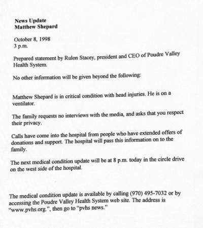 Rulon Stacey's first prepared statement  to the public and press on Matthew Shepard's medical condition after Shepard was admitted to the Poudre Valley Hospital.