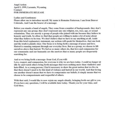 Press release issued by Romaine Patterson, April 5, 1999