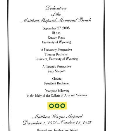 Program for the Dedication of the Matthew Shepard Memorial Bench