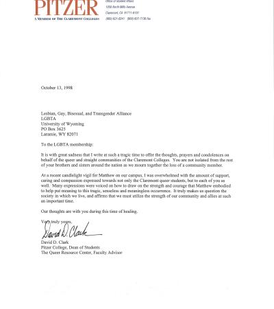 Letter from David D. Clark to the University of Wyoming LGBT Association