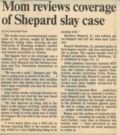 Newspaper clipping titled "Mom reviews coverage of Shepard slay case"