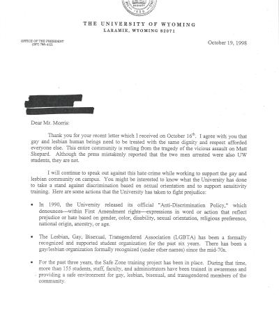 Letter from University of Wyoming President Philip L. Dubois to Oscar E. Morris