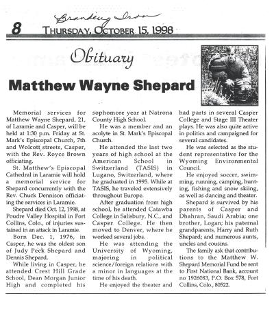 Matthew Wayne Shepard's Obituary