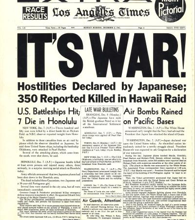 Los Angeles Times headline announcing U.S. entry into World War II after bombing attack at Pearl Harbor