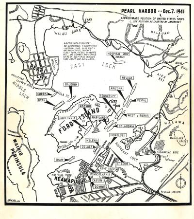 Map of Pearl Harbor showing location of U.S. Navy ships