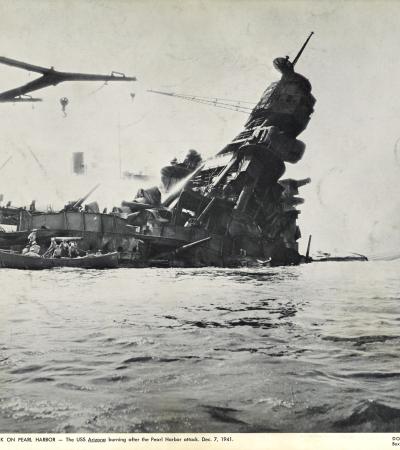 The USS Arizona burning after the Pearl Harbor attack